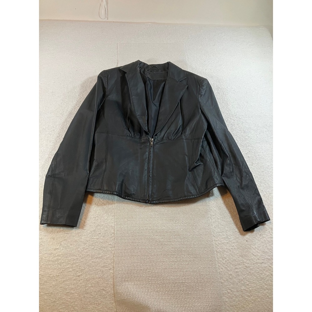 Axcess Black Genuine Leather Jacket Zip Front Notched Lapel Size M Biker Coat